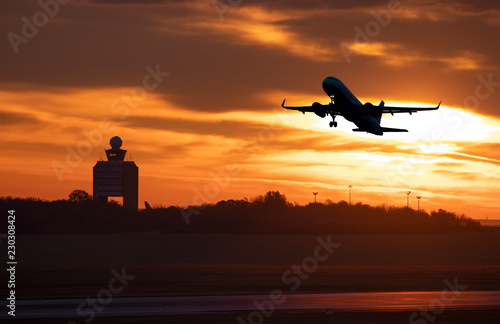 Aircraft early take off at sunrise, Budapest airport