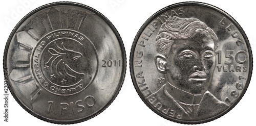 The Philippines coin 1 one piso 2011, subject 150th Anniversary – Birth of Jose Rizal, emblem of central bank in center, date at right, bust in 3/4 right, 