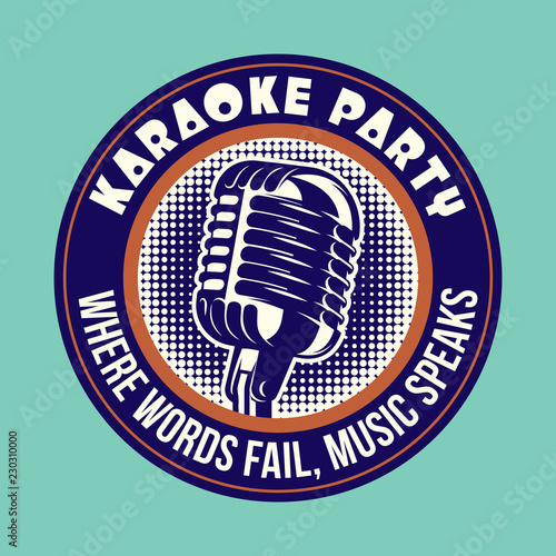 Retro style music emblem with microphone for karaoke party. Vector illustration.