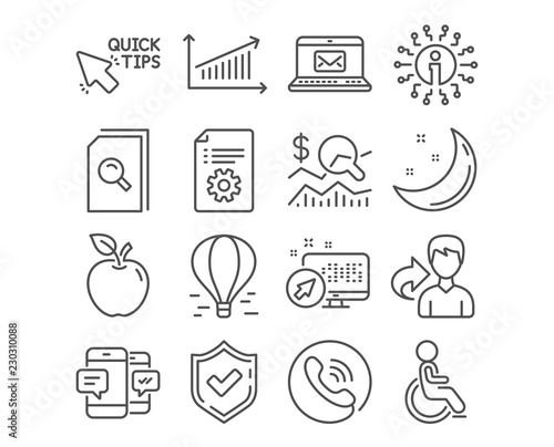 Set of Check investment, Search files and Quick tips icons. Chart, Disabled and Smartphone sms signs. Technical documentation, E-mail and Air balloon symbols. Check investment vector