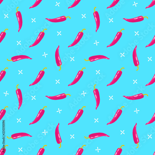 Hot cayenne pepper background. Chile and flowers seamless pattern. Mexican food.