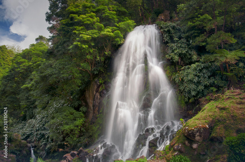 Landscape with a waterfall, Portugal. Ribeira dos Caldeiroes Nature Reserve at Achada, Nordeste, Azores