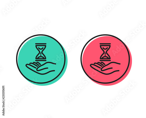 Time hourglass in hand line icon. Sand watch sign. Positive and negative circle buttons concept. Good or bad symbols. Time hourglass Vector