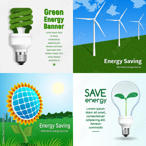 Energy saving banner set. Realistic illustration of energy saving vector banner set for web design