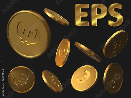 set of golden euro coins. realistic vector illustration.