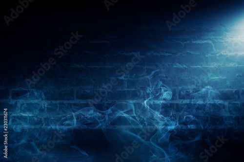 Brick wall background, street lights, neon light, smoke