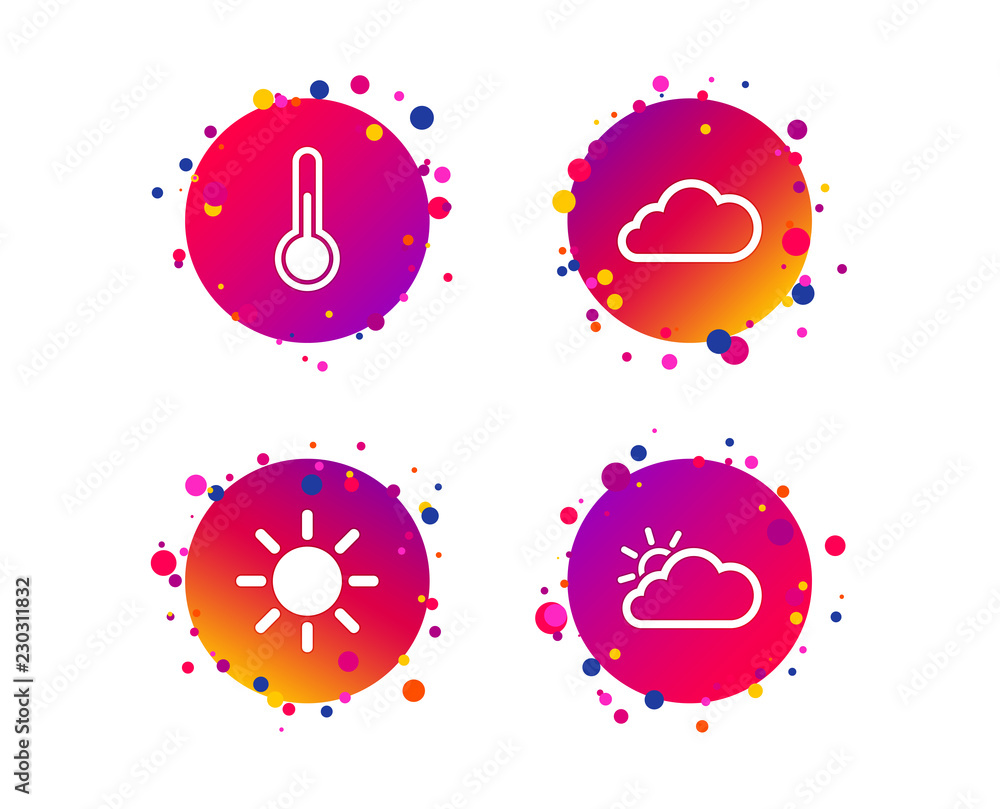 Weather icons. Cloud and sun signs. Thermometer temperature symbol. Gradient circle buttons with icons. Random dots design. Vector Weather icons. Cloud and sun signs. Thermometer temperature symbol. Gradient circle buttons with icons. Random dots design. Vector
