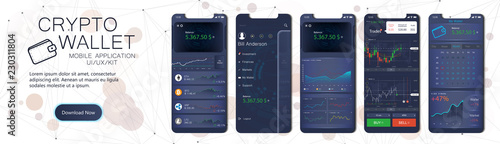 Crypto wallet mobile app template. User interface design with a disassembled interface, in the form of a collection of mobile screens. Crypto online currency payment and wallet concept. Vector set