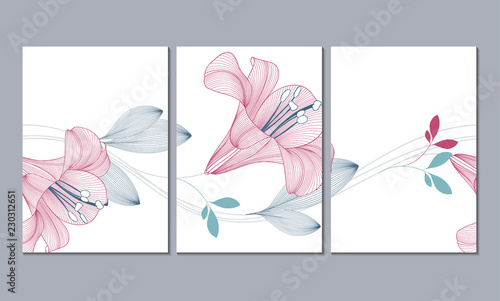 A set of 3 canvases for wall decoration in the living room, office, bedroom, kitchen, office. Home decor of the walls. Floral background with flowers of lily. Element for design. 