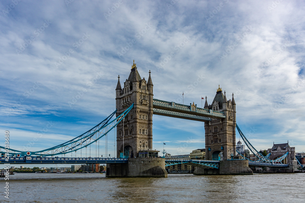 Tower Bridge on Thames river looking in London, England, UK