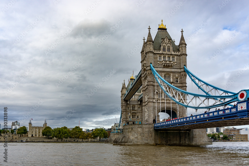 Tower Bridge on Thames river looking in London, England, UK