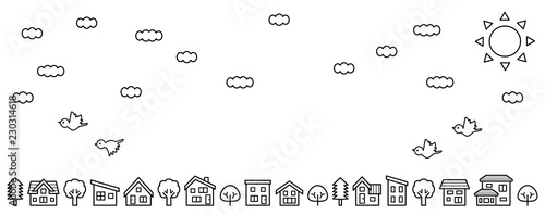 デフォルメした家と木の並び(空と雲と鳥)線画のみロングバージョン