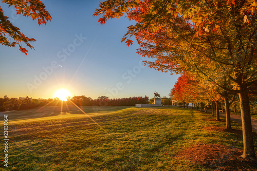 October 20, 2018 - St. Louis, Missouri - The sunrise and fall foliage around the Apotheosis of St. Louis statue of King Louis IX of France on Art Hill in Forest Park, St. Louis, Missouri. photo