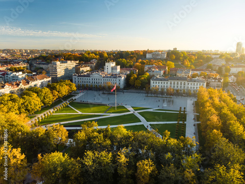 Aerial view of newly renovated Lukiskes square, Vilnius. Sunset landscape of Old Town of Vilnius, the heartland of the city, Lithuania. photo