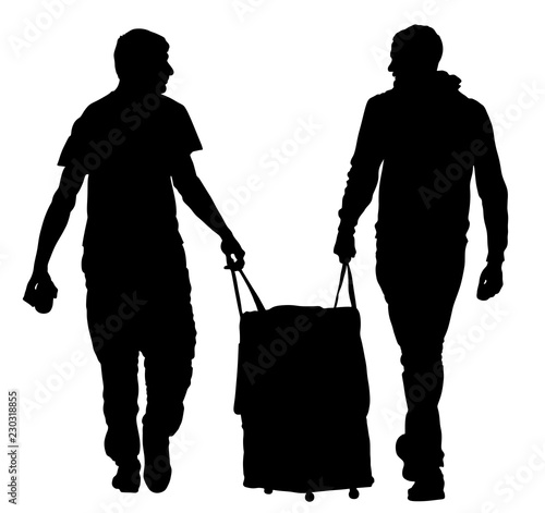 Tourist boys travelers carrying suitcase vector silhouette illustration isolated on white. Tourists carry big bag luggage . Man passenger waiting taxi for travel to airport. Moving service hard worker