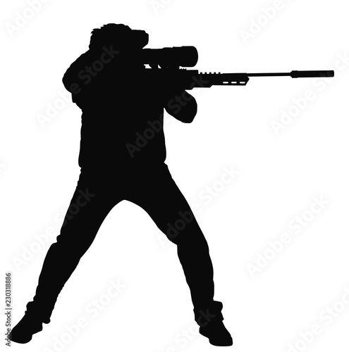 Silhouette of sniper vector silhouette illustration. Soldier with rifle with optic. Paintball player. Recreation with adrenaline in urban environment. Hunter with rifle outdoor action. Military skill.