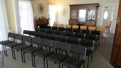 shot of religious chapel or funeral home for funeral service