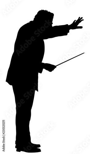 Music conductor vector silhouette illustration isolated on white background. Philharmonic conductor. Orchestra leader on event.