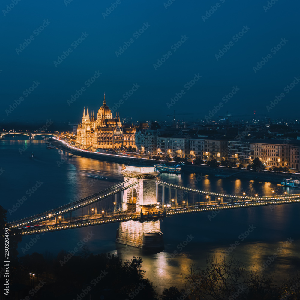 Budapest chain bridge and parliament building