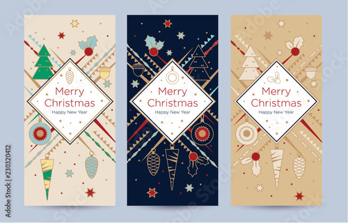 A set of christmas greeting card with festive decor. New Year template with place for text. Trendy design template of leaflet cover, flayer, card, beauty salon, spa, restaurant, club.