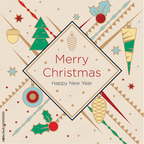 Golden Christmas greeting card. Christmas elements on a golden background. New Year's design template with a window for text. Vector flat. 