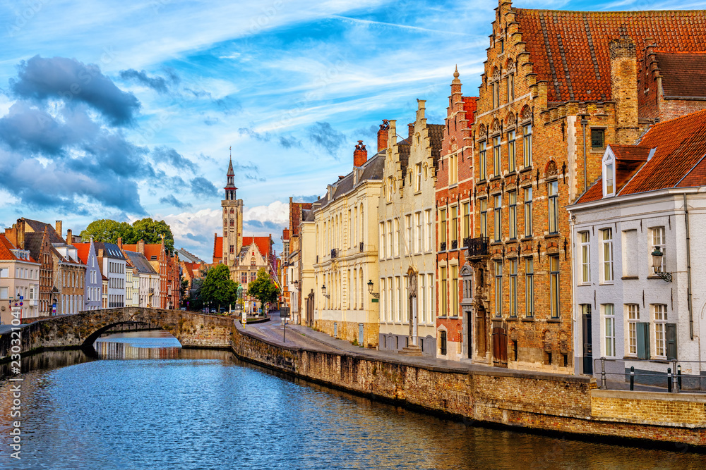 Bruges Old Town, canal and Poortersloge building, Belgium