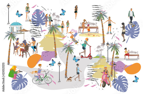 Set of people having rest in the park.  Leisure outdoor activities:  skateboard, roller-skates, riding a scooter and bicycle. Colorful vector illustration.
