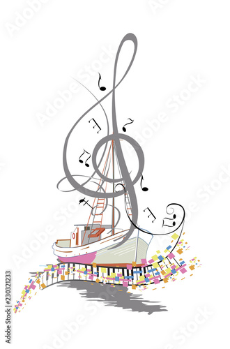 Abstract colorful musical poster design with musicians and musical waves. Hand drawn vector illustration
