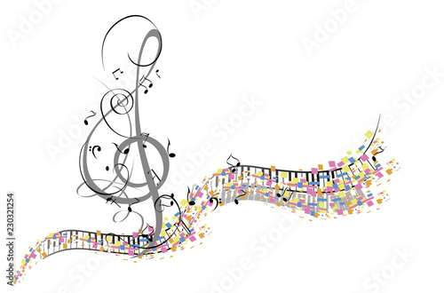 Abstract colorful musical poster design with musicians and musical waves. Hand drawn vector illustration
