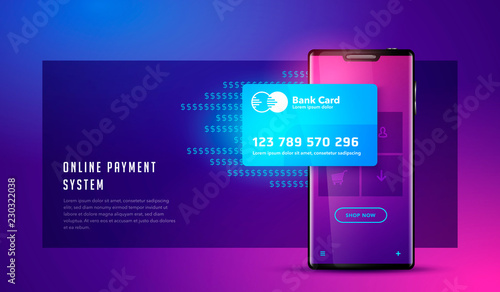 Vector illustration Financial analytics, digital financial services. Phone with a mobile interface of the payment system, money transfers and financial transactions