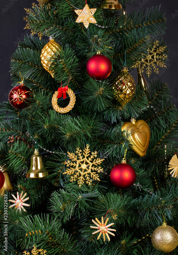 Decorations in the Scandinavian style on an artificial Christmas tree