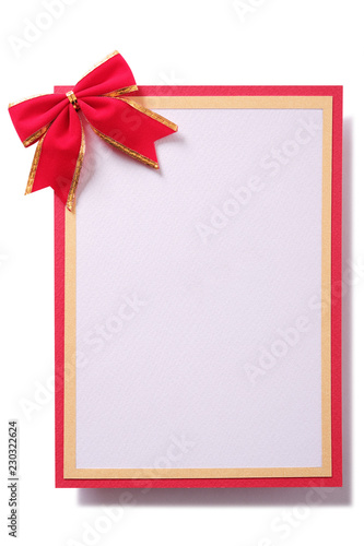 Christmas gift card red bow gold border vertical