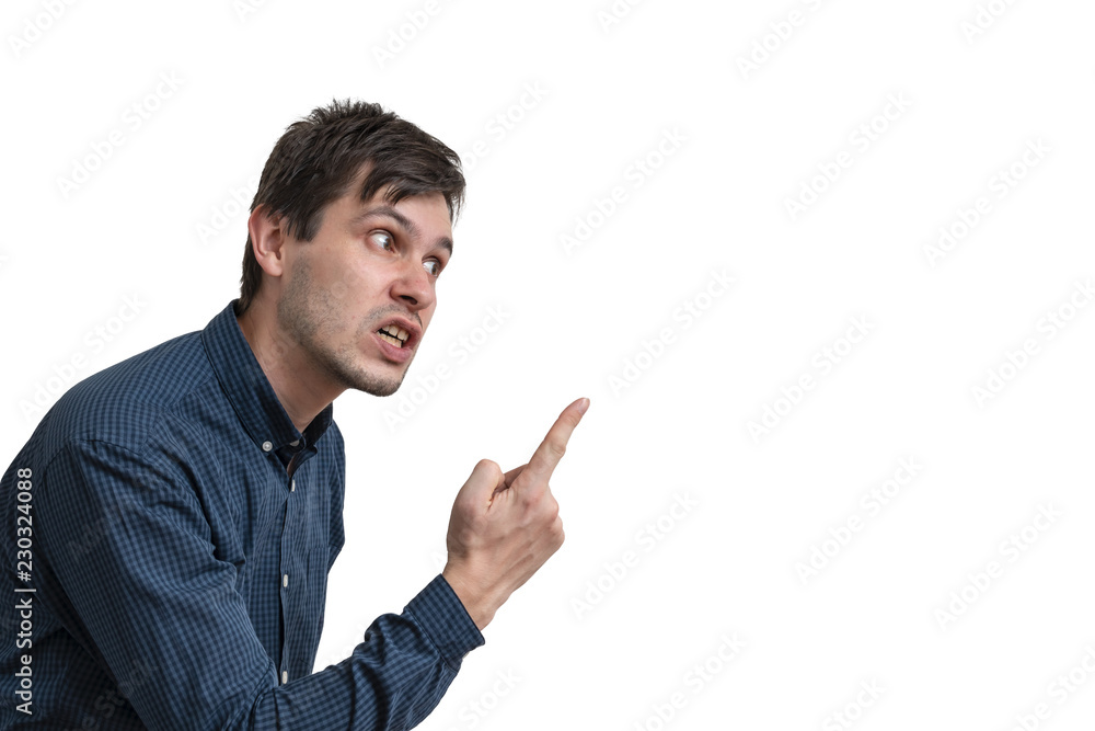 Young angry man threatening with finger isolated on white background. Young angry man threatening with finger isolated on white background.