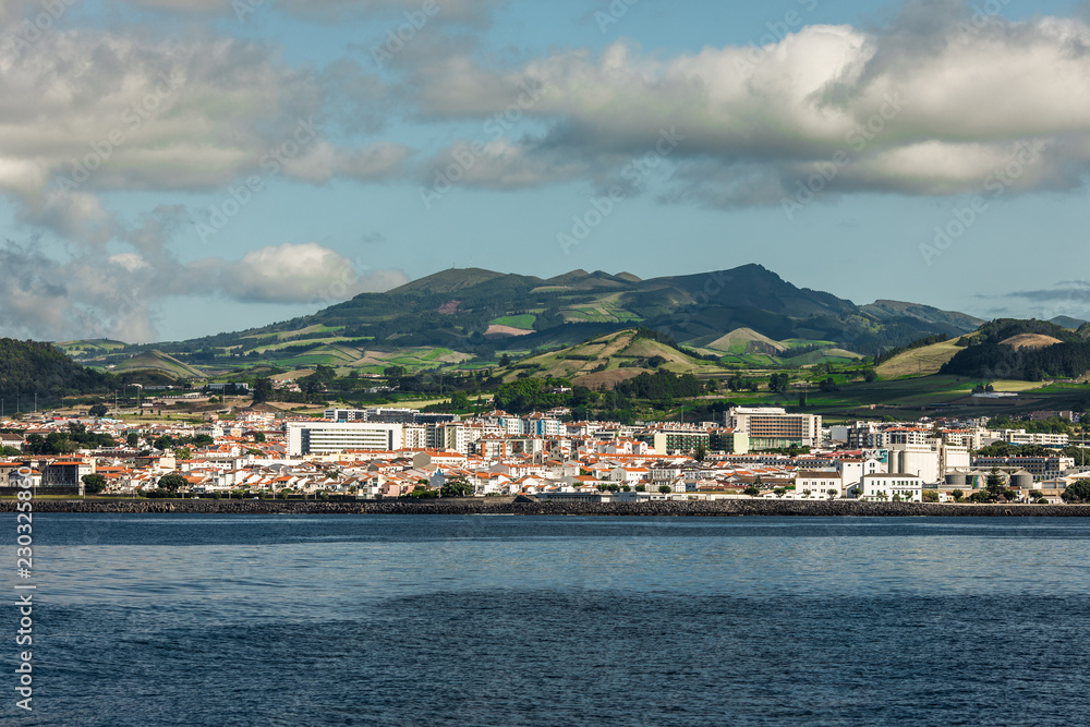 View from the ocean on island of Sao Miguel in the Portuguese Autonomous Region of the Azores Island.