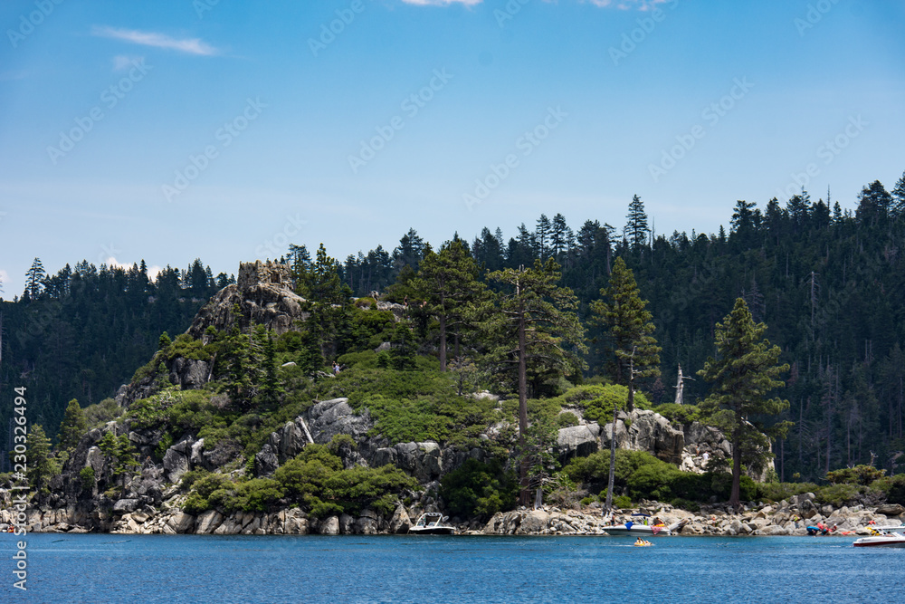 View of Fannette Island from Emerald Bay in South Lake Tahoe California on a summer afternoon
