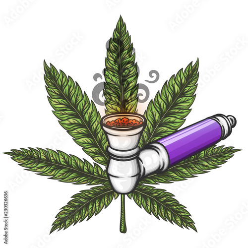 Cannabis leaf with pipe. Vector eps10 isolated illustration.