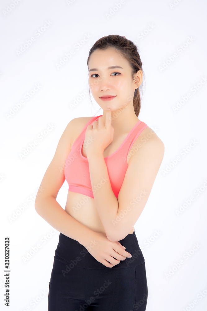 Beautiful portrait young asian woman in sport clothing with satisfied and confident isolated on white background, girl asia have shape and wellness, exercise for fit with health concept. Beautiful portrait young asian woman in sport clothing with satisfied and confident isolated on white background, girl asia have shape and wellness, exercise for fit with health concept.