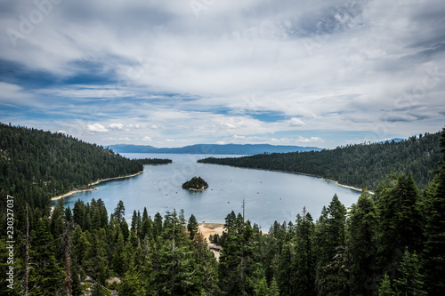 Partly cloudy, dreary day at Emerald Bay in South Lake Tahoe California