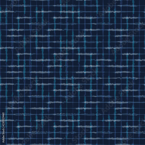 Hand Drawn Check Pattern Seamless Vector Pattern. Indigo Blue Grunge Grid Background Texture Illustration for Trendy Home Decor, Masculine Fashion Print, Japanese Style Dye Wallpaper, Batik Textiles. 