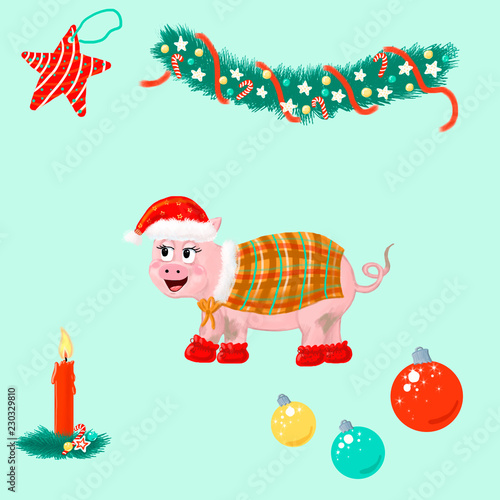 New Year's set, piggy, Christmas balls, star, tinsel, Christmas tree garland photo