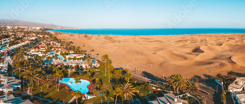 Aerial view of the Maspalomas dunes on the Gran Canaria island. Panoramic view.  photo