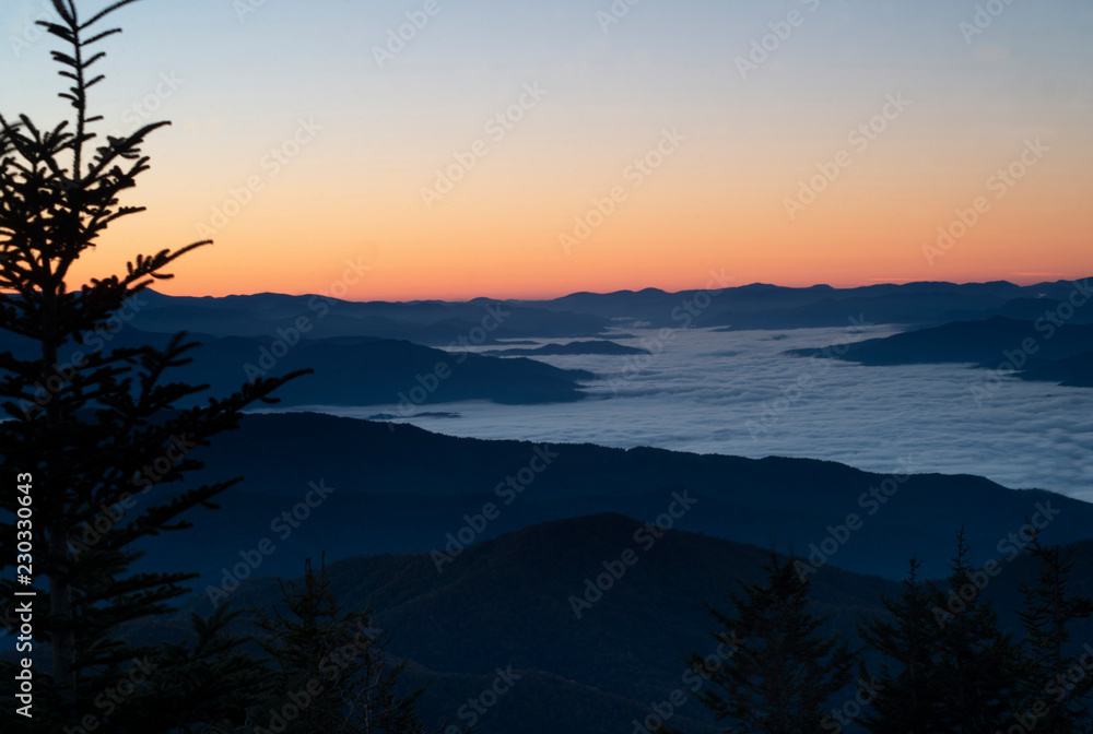 Foggy sunrise over the Great Smoky Mountains National Park. Foggy sunrise over the Great Smoky Mountains National Park.