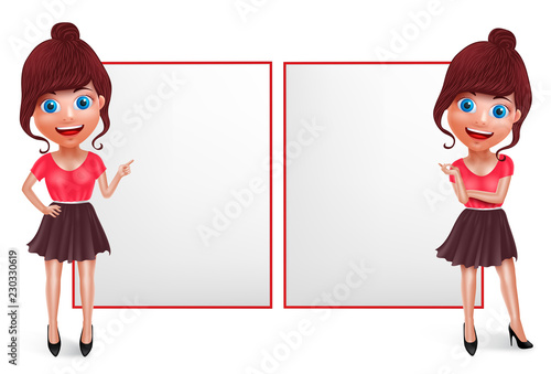 Talking girl vector character set. Young teenage fashion woman showing and pointing white board or sign with empty space for business presentation. Vector illustration.

