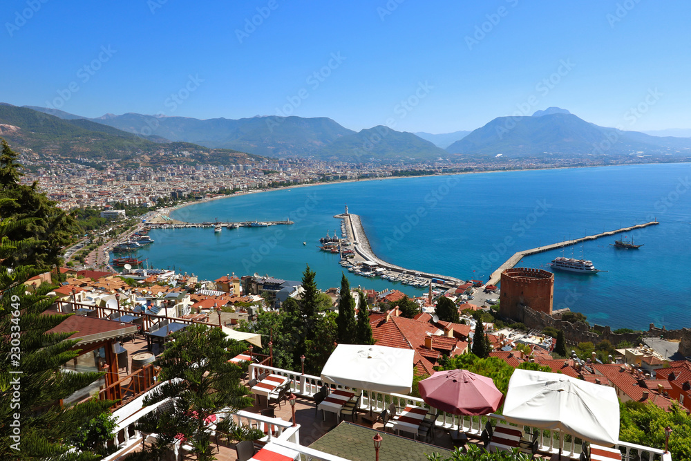 Obraz premium Red Tower and Marina view from Alanya Castle in Antalya, Turkey.