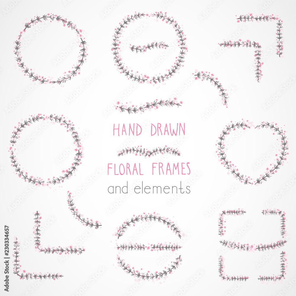 Vector set of floral hand drawn frames and decorative elements.