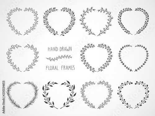 Vector set of floral hand drawn frames in the shape of a heart. 