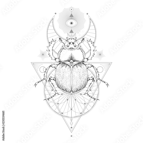 Vector illustration with hand drawn scarab and Sacred geometric symbol on white background. Abstract mystic sign. Black linear shape. For you design.