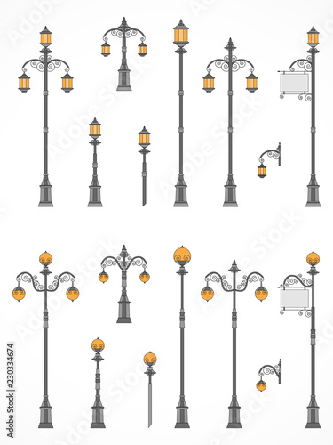 Vector set of street lights. Collection in flat style. Сolorful.