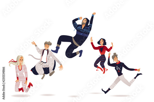 Vector illustration set of young happy people in pajamas with winter patterns jumping and having fun isolated on white background - cheerful cartoon men and women in warm home clothes.