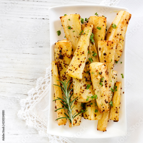 Roasted Parsnips with Wholegrain Mustard and Rosemary Top View